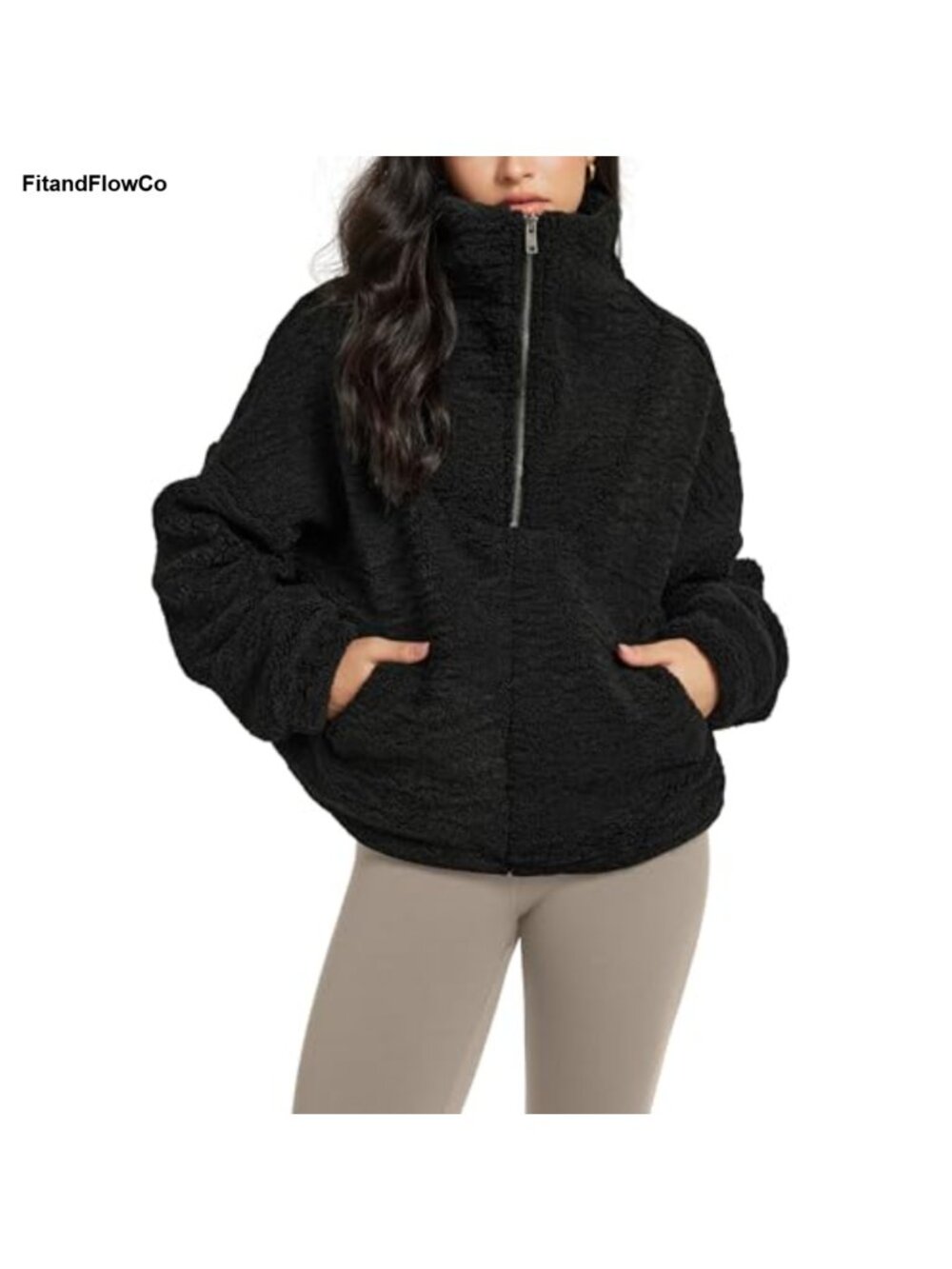 Sherpa Fleece Half-Zip Pullover Sweatshirt Funnel Neck Pockets